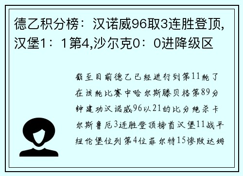 德乙积分榜：汉诺威96取3连胜登顶,汉堡1：1第4,沙尔克0：0进降级区