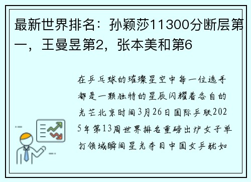 最新世界排名：孙颖莎11300分断层第一，王曼昱第2，张本美和第6